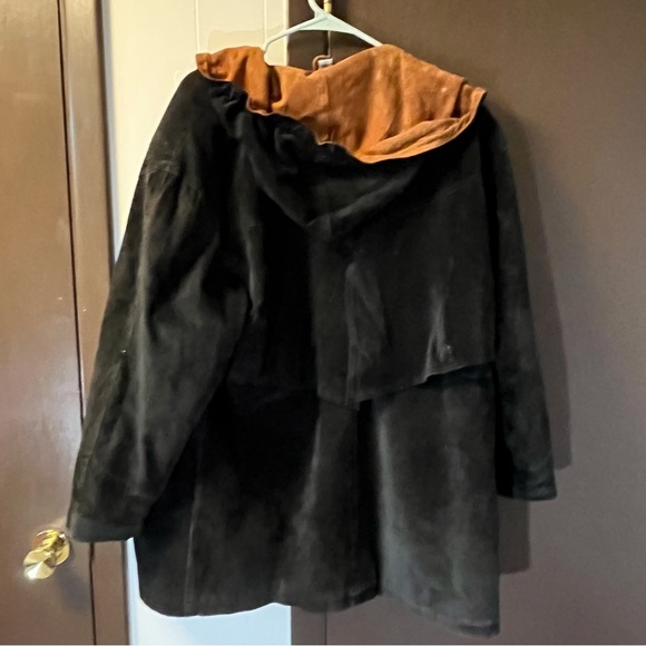 VTG Genuine Leather Suede Jacket Hoodie Coat Drawstring Waist Black Snap Closure - Picture 10 of 11
